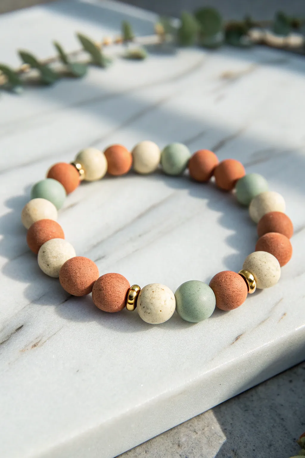 Three-color color-block clay bead bracelet in a clean repeat, styled on marble for crisp contrast.