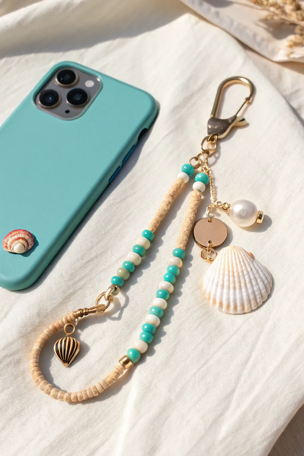 Beachy shell and pearl phone charm with turquoise and sand heishi beads, minimal and sunlit.