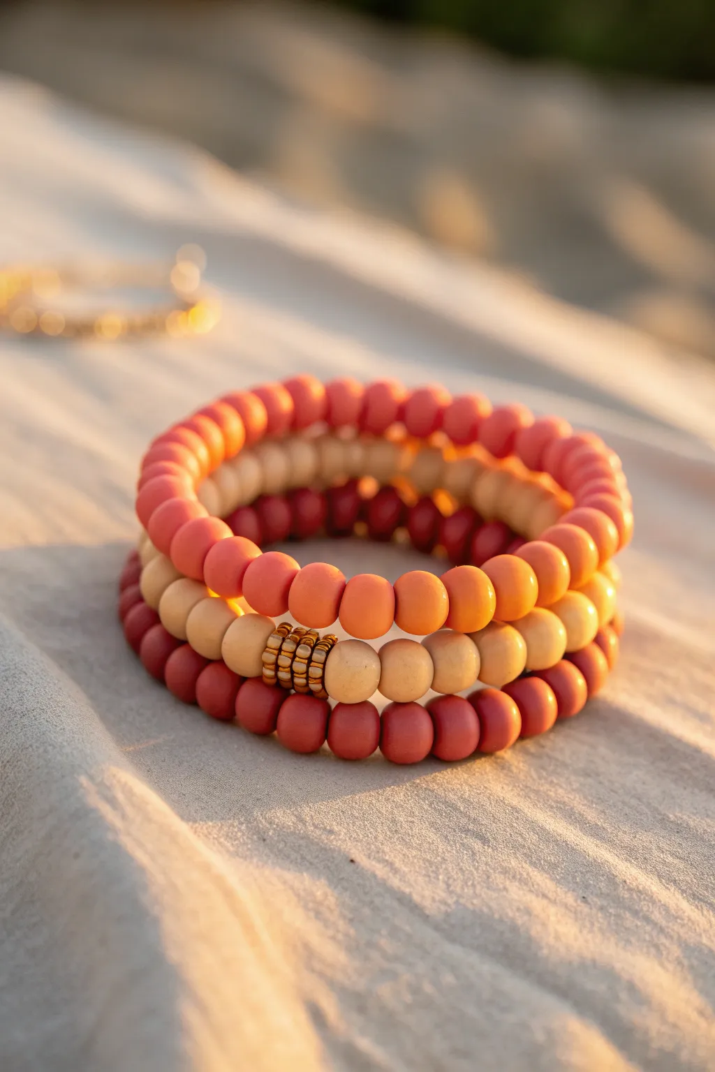 Sunset ombré clay bead bracelet stack in warm golden light for a soft minimalist boho vibe
