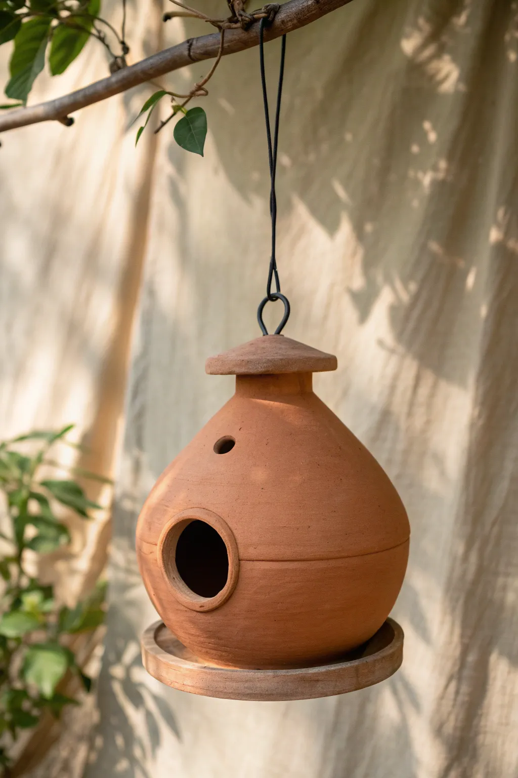 Simple inverted flowerpot clay birdhouse in warm terracotta, minimalist boho charm.