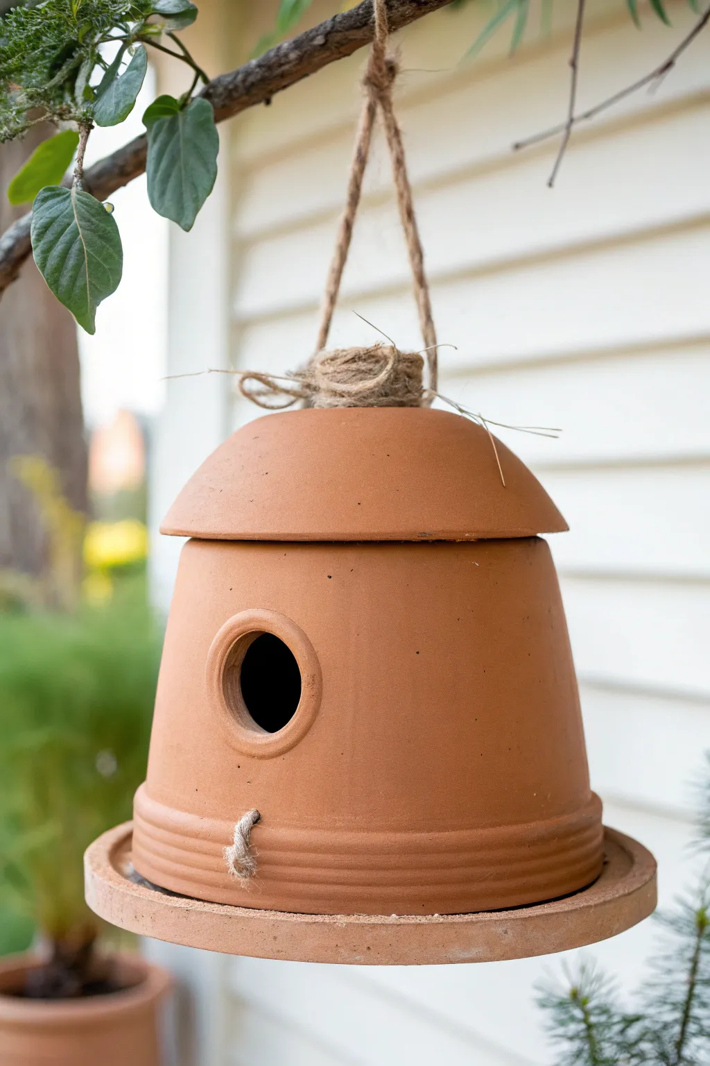 Upside-down flowerpot clay birdhouse hanging on twine, minimalist terracotta charm in greenery