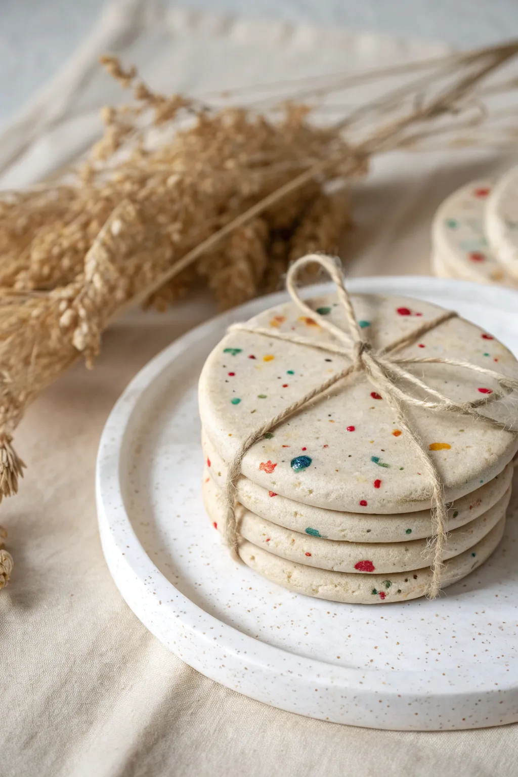 Confetti-speckled clay coasters tied with linen ribbon, a sweet minimalist birthday gift.