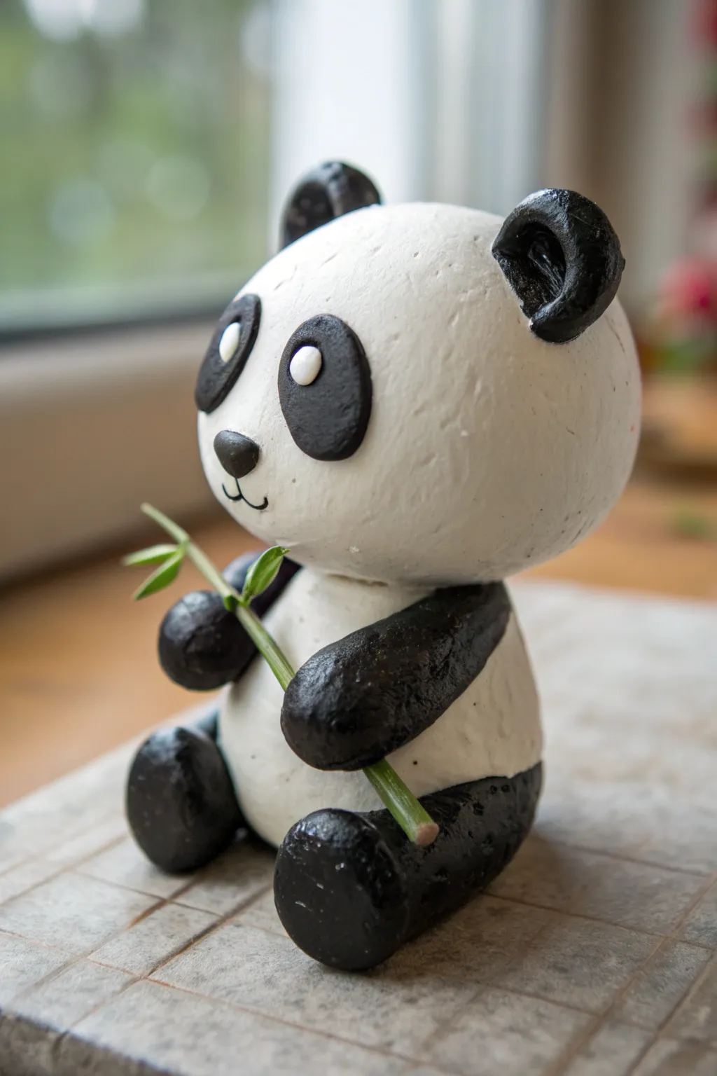 Minimal clay panda bobblehead with a big head and tiny snack, sweet Scandinavian-boho decor.