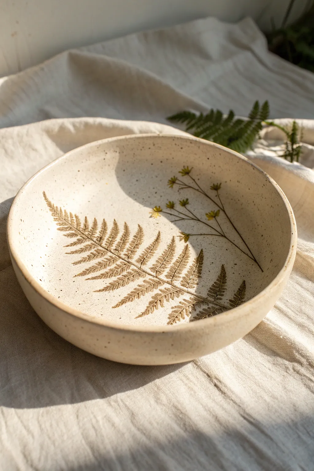 Pressed fern and wildflower imprints turn a simple clay bowl into soft, shadowed texture.