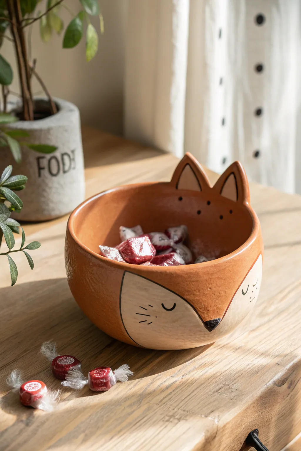 Sweet fox bowl with pointy ears, perfect for candies or keys on a calm minimalist shelf.