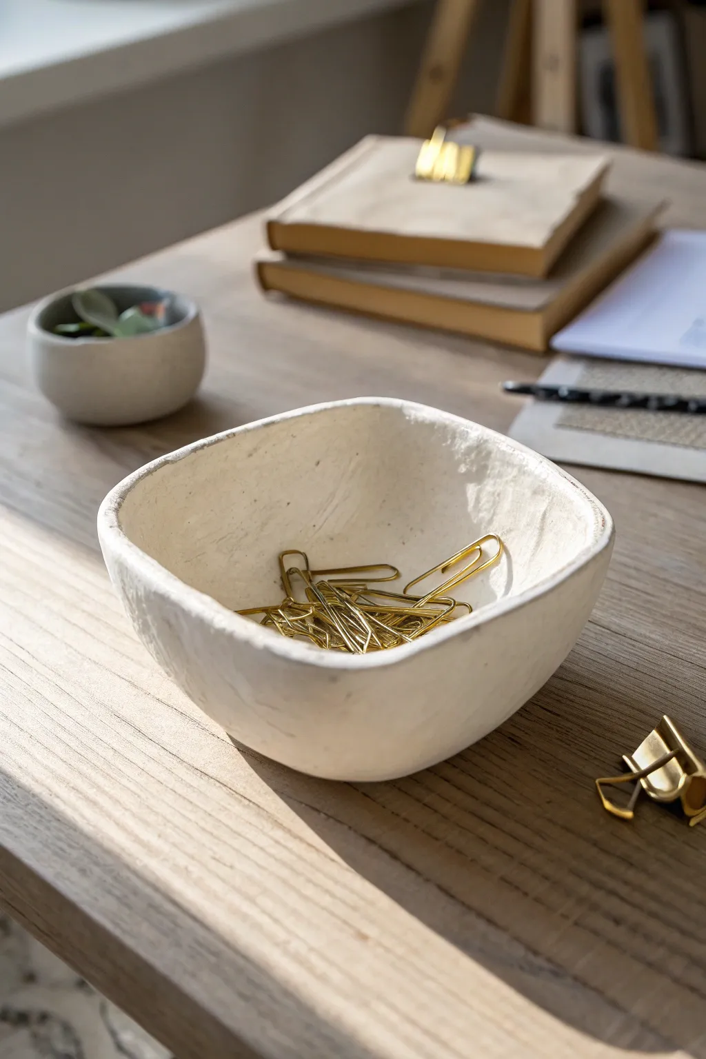 Soft-sided slab bowl with rounded corners, a minimalist catchall for small desk essentials.