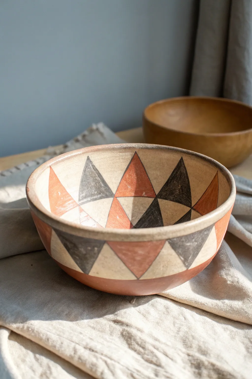 Chunky geometric blocks on a minimal clay bowl for an easy, modern painting idea