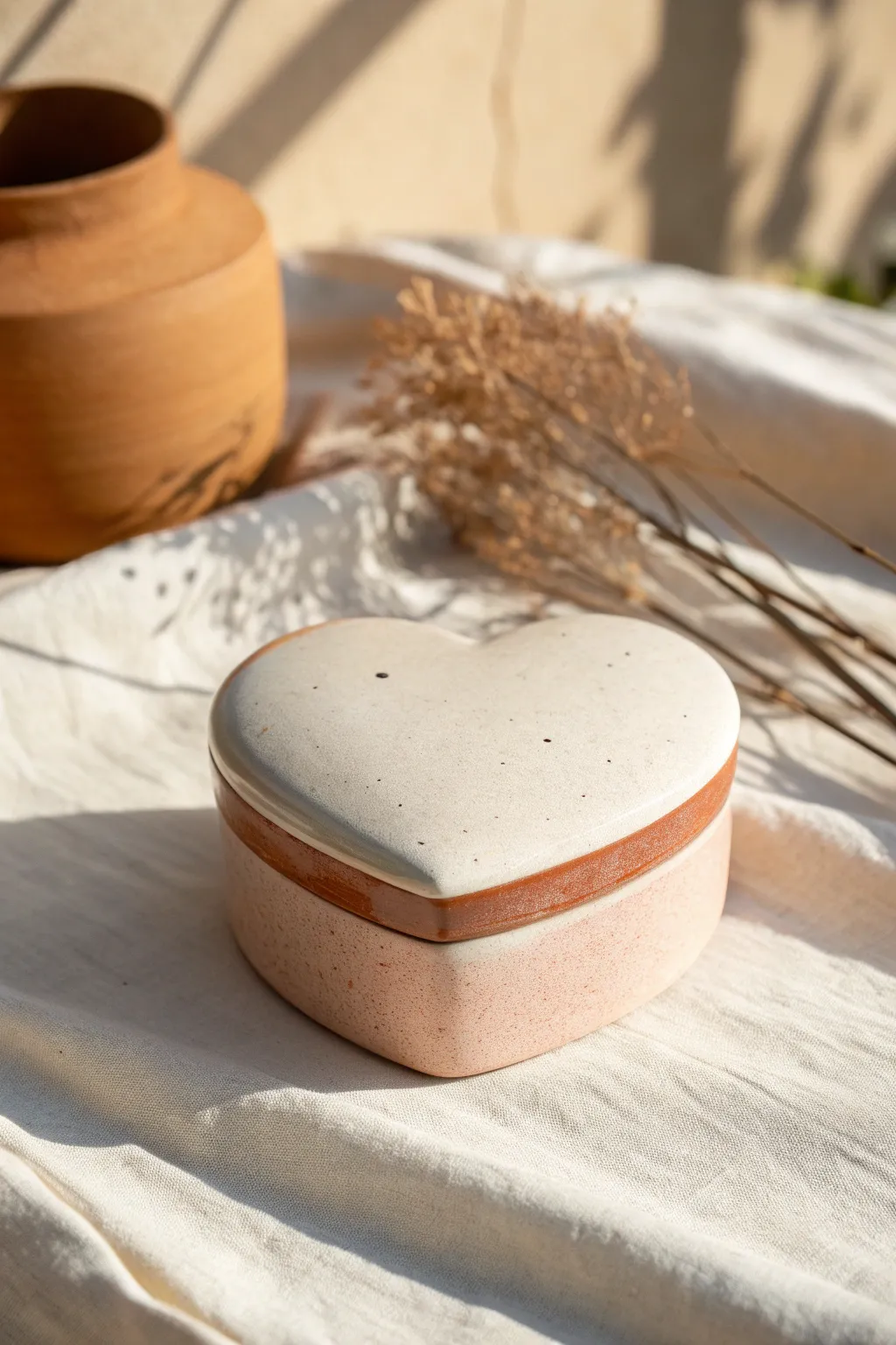 Softly curved heart-shaped clay box in a clean two-tone glaze, minimal and romantic.