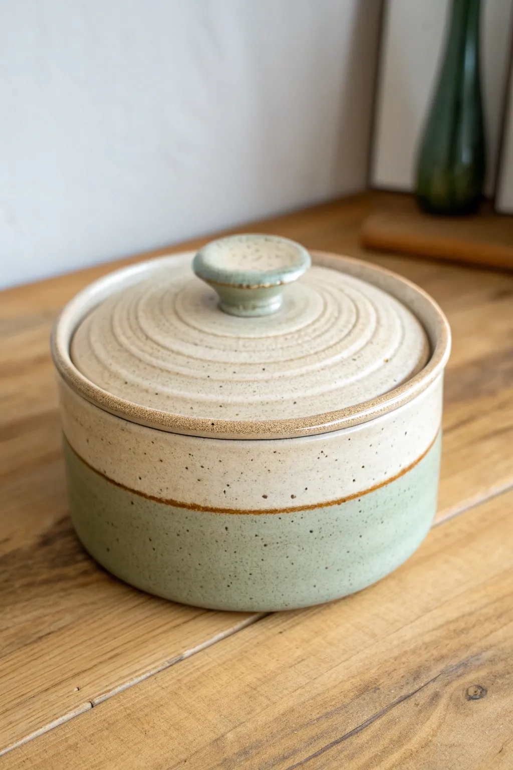 A stepped-lid clay box with a calm two-tone glaze for a satisfyingly layered profile.