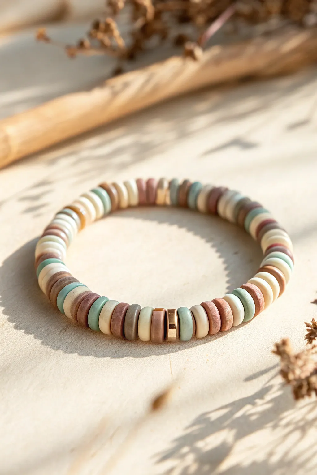 Simple striped polymer clay disc bracelet in soft neutrals, minimalist boho, crisp contrast