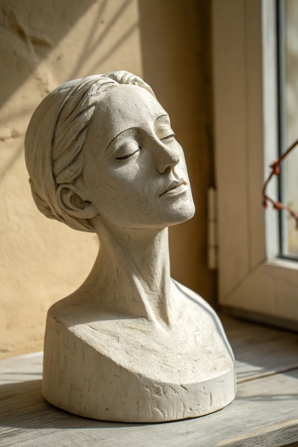 A simple clay bust with a gentle head tilt, minimalist lines, and a calm, thoughtful mood.