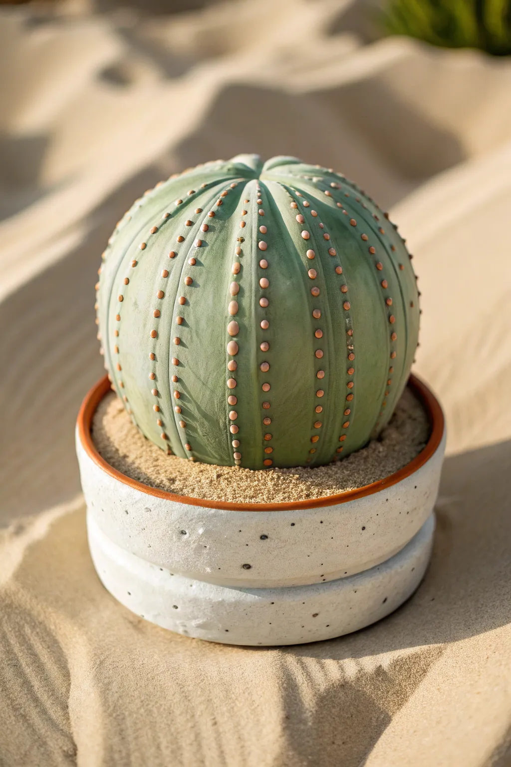 Minimal clay barrel cactus with ribbed texture and tiny spines, perfect for simple decor.