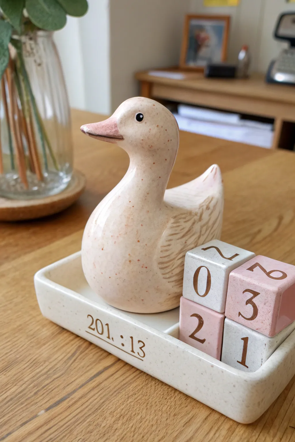 Sweet pastel ceramic duck calendar with tucked-in tiles, minimal Nordic look and cozy boho charm.