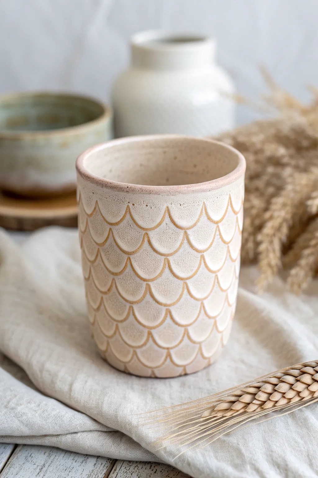 Scalloped scale tumbler with a soft glaze wash highlighting every carved curve and texture.