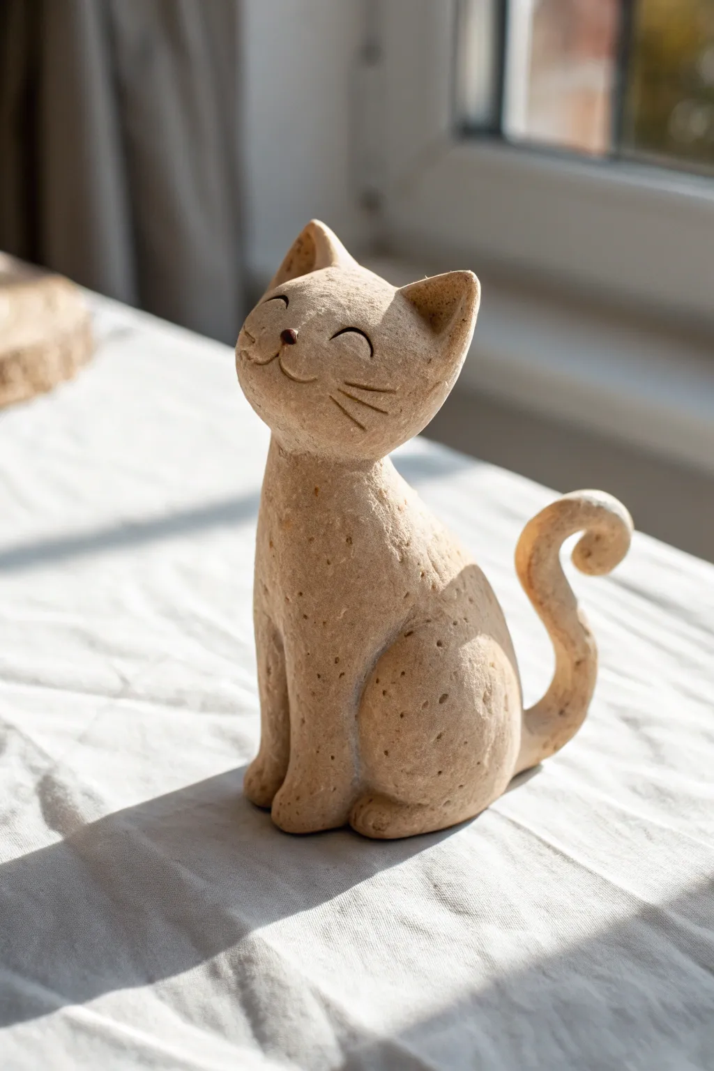 Minimal clay sitting cat with curled tail, calming face, and soft Scandinavian boho vibe
