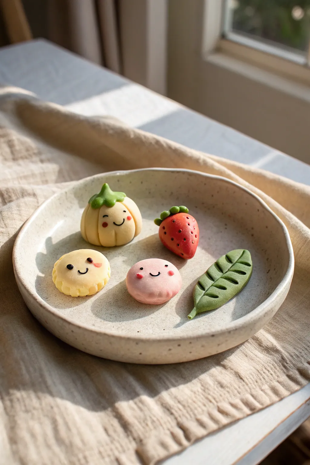Anthropomorphic food friends: simple clay minis on a pastel plate, sweet and minimalist.