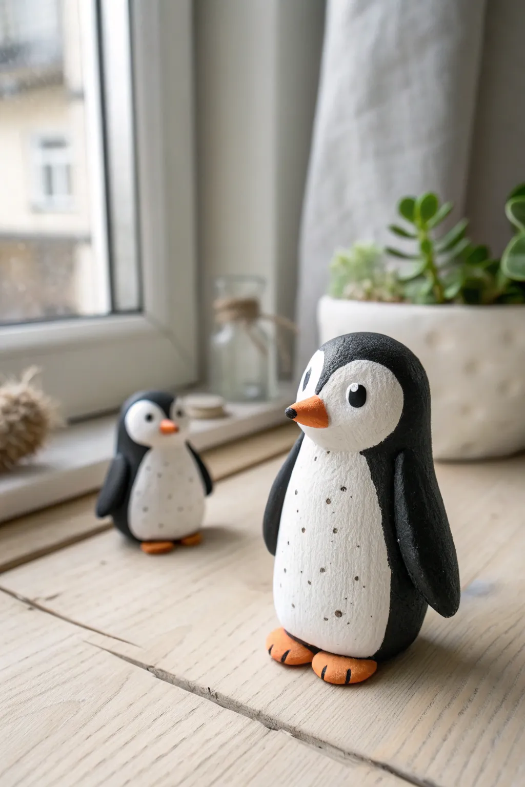Mini clay penguins with bold black-and-white color blocks, simple shapes, and cozy Nordic style.