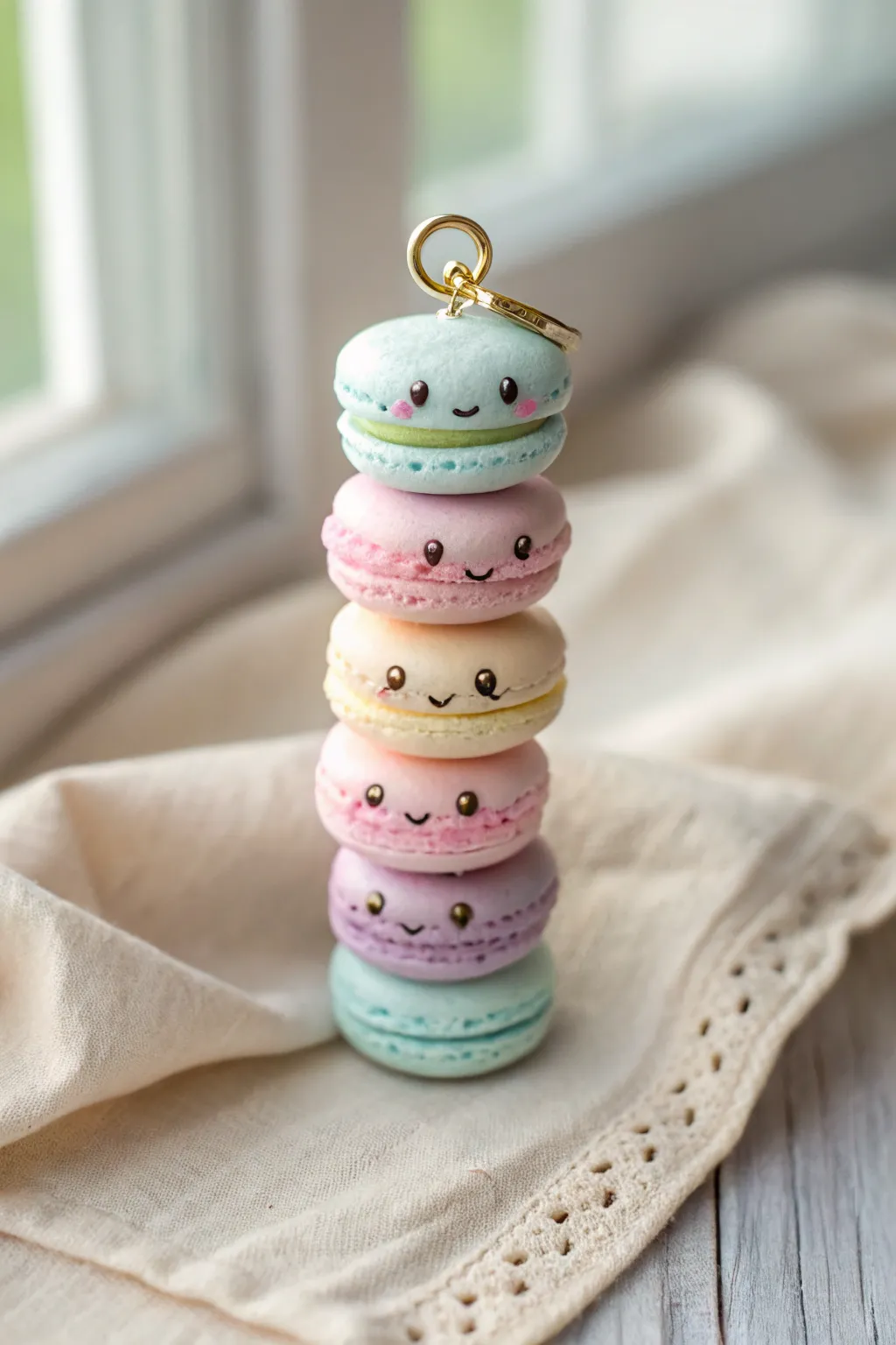 Pastel macaron stack charms with sweet faces, minimalist styling, perfect cute clay idea.