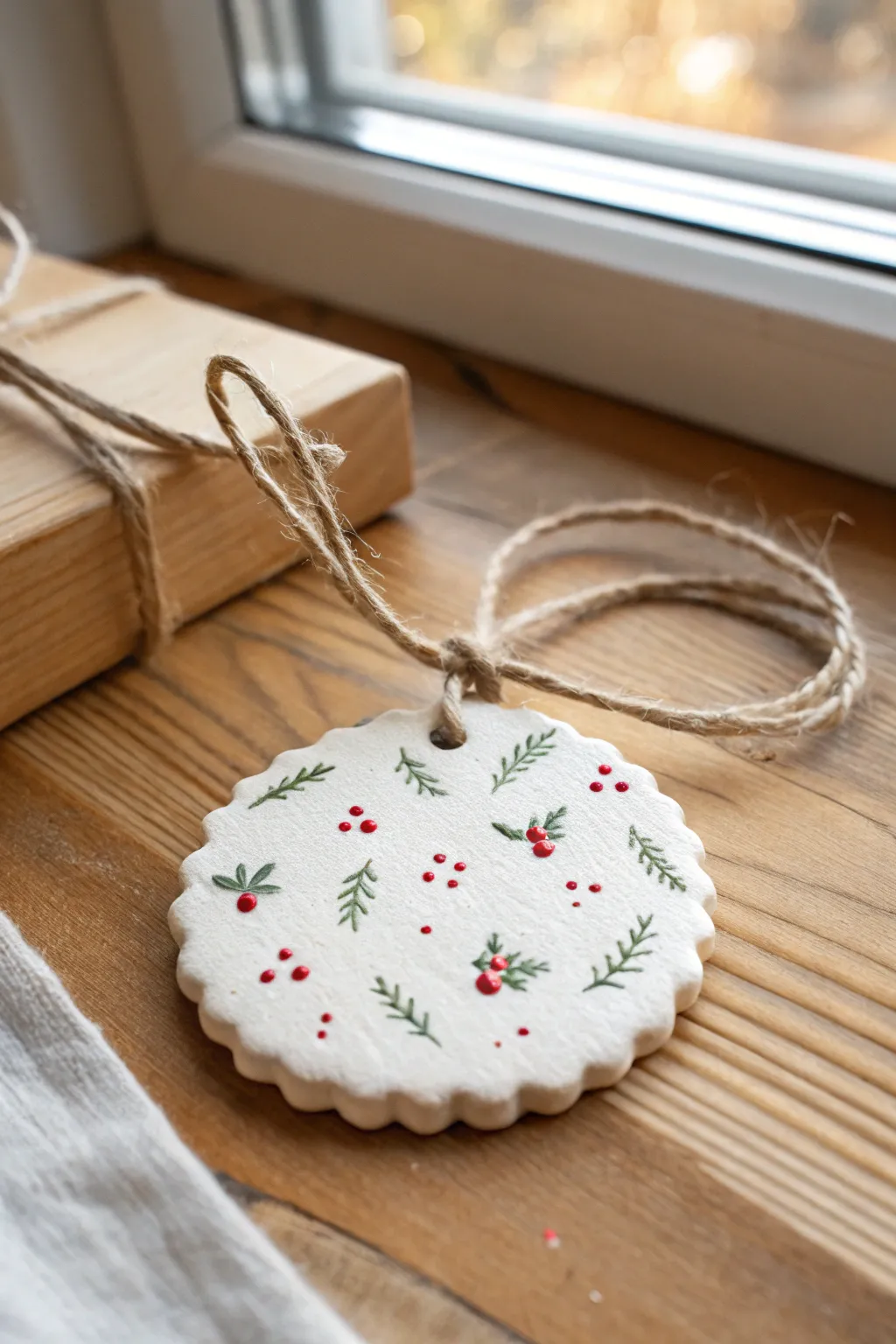 Scalloped clay cookie ornament in matte white with festive red and green dots, twine hanger.