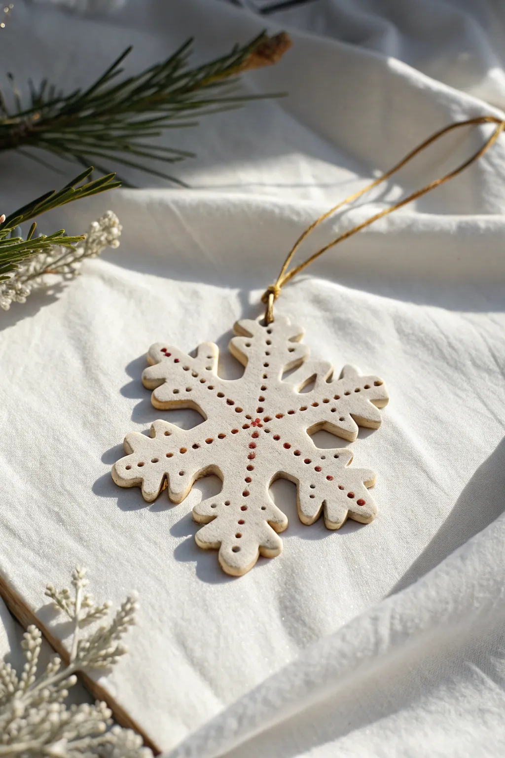 Minimal matte white clay snowflake ornament with delicate dots and a thin metallic edge