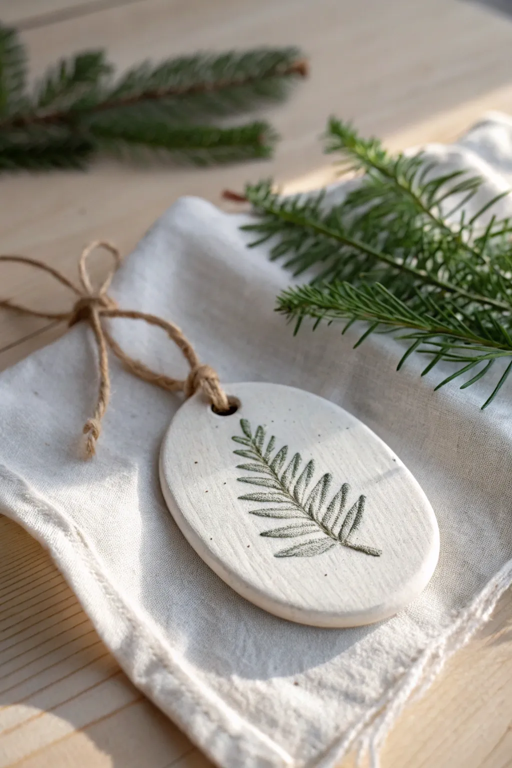 Evergreen leaf-imprint clay ornament styled with twine and fresh greenery for cozy minimal decor.