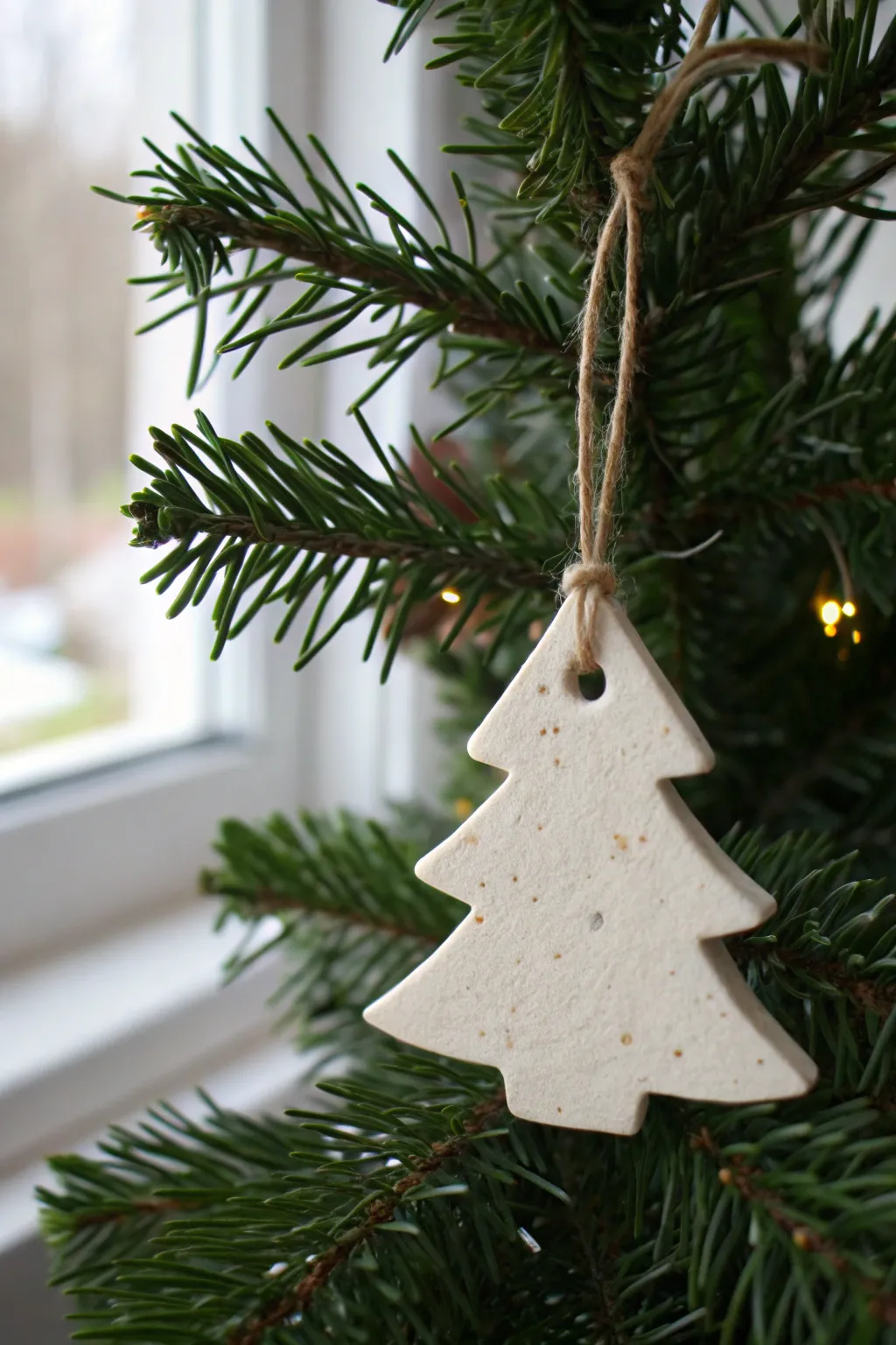 Minimal clay tree ornament on evergreen for a simple Scandinavian Boho Christmas touch.
