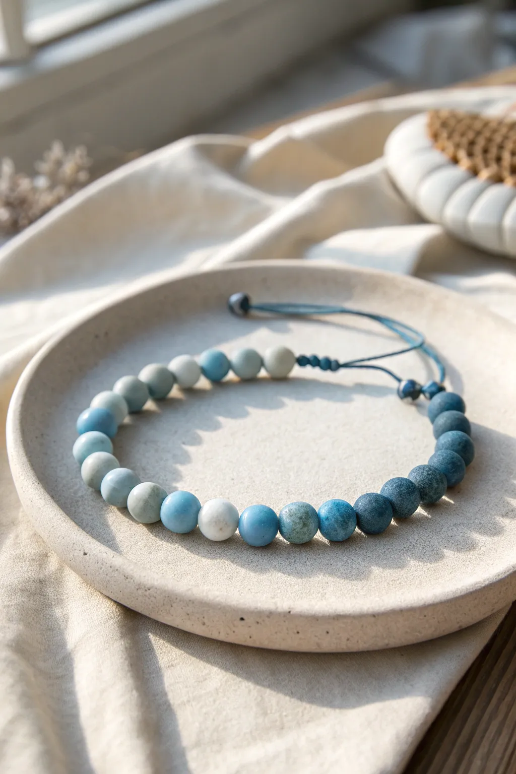 Monochrome clay bead bracelet in dusty blue gradients, minimal and handcrafted with soft contrast.