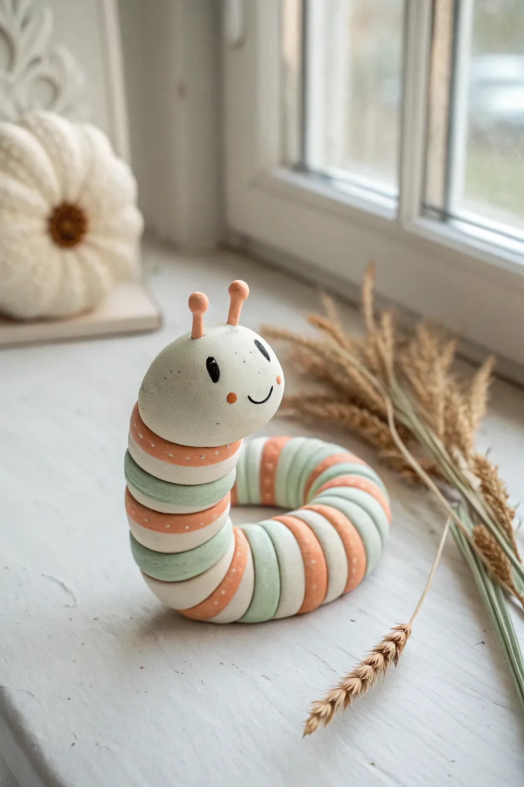 Beginner-friendly coil creature: a sweet striped clay caterpillar in a simple curled pose.