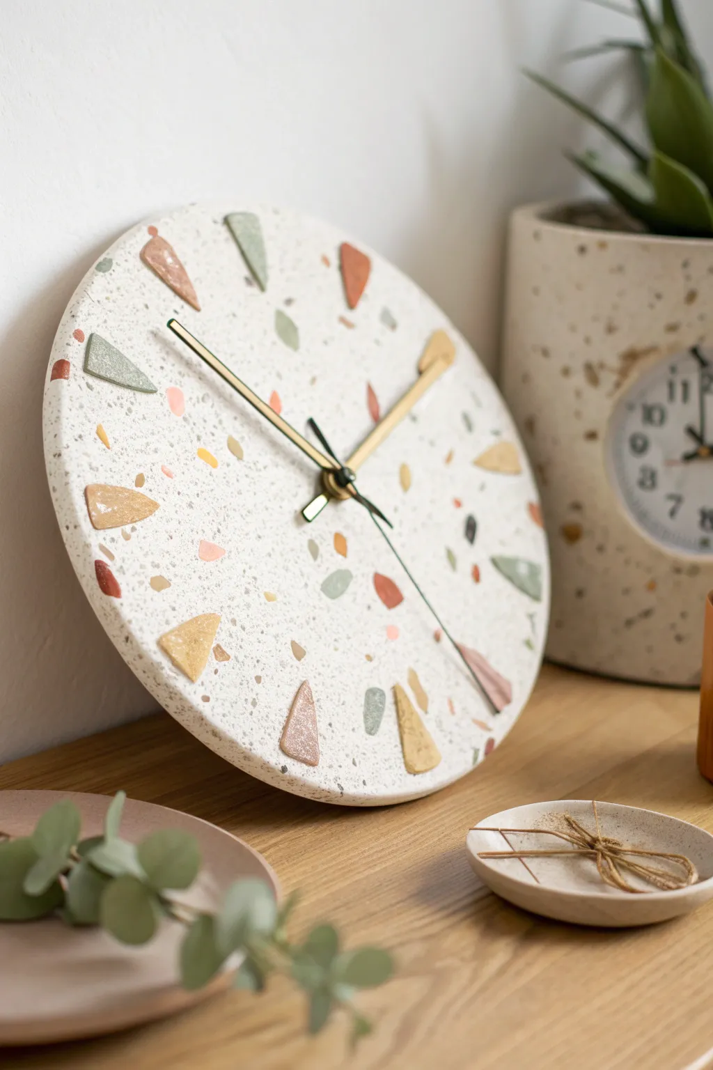 Terrazzo speckled clay clock in soft neutrals with playful chips for a cozy modern nook.