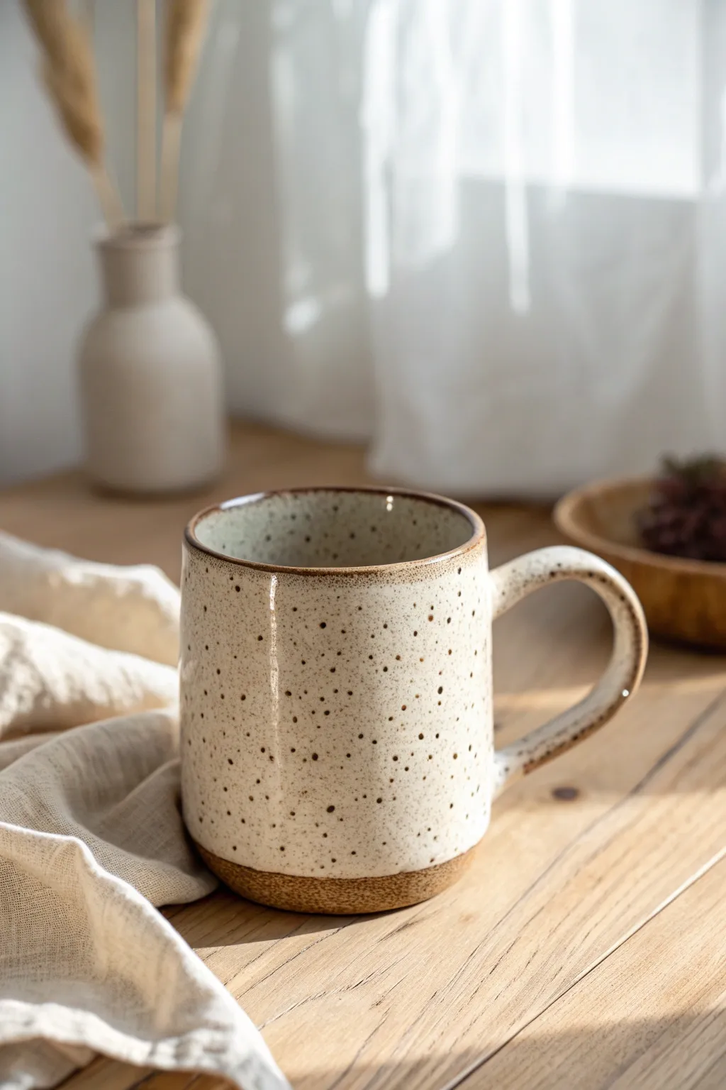 Simple speckled clay mug with a clear gloss, warm wood backdrop, calm Scandinavian vibe.