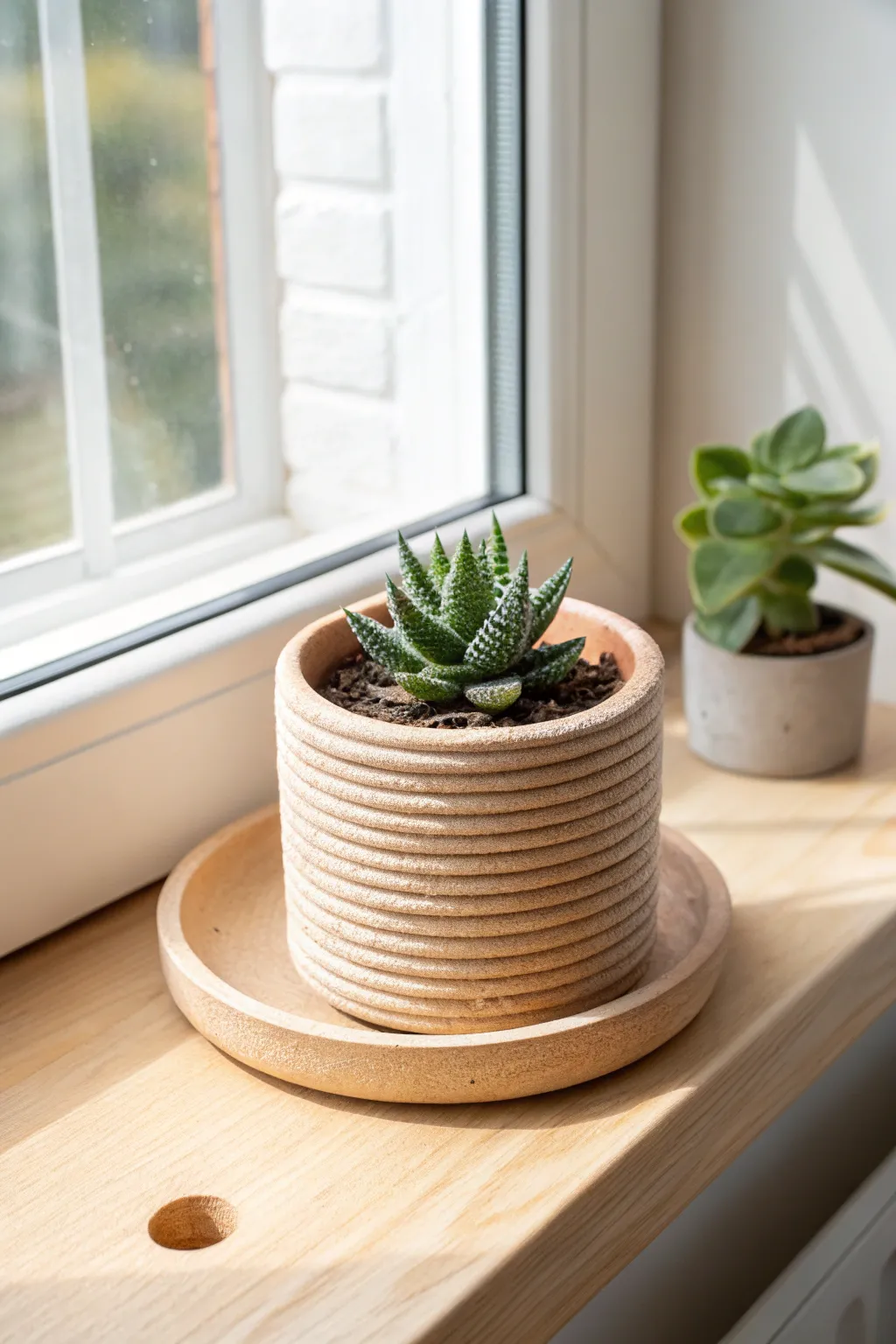 Minimal coil planter with a fresh succulent, sunlit and simple with a clean handmade feel.