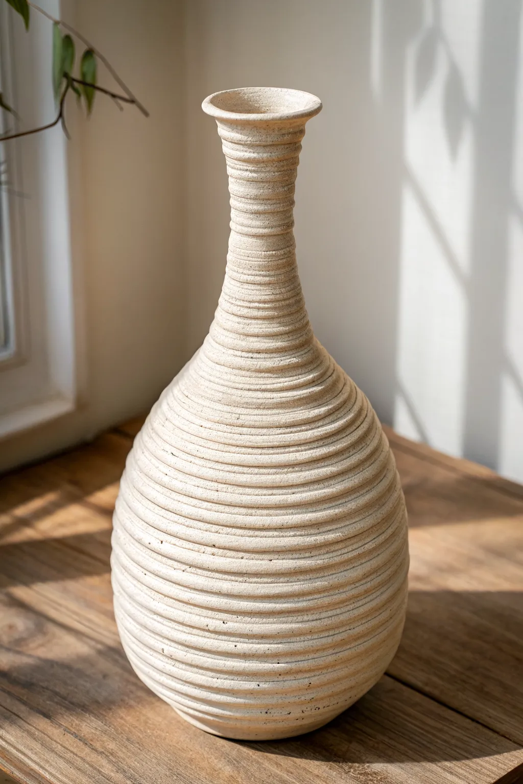 Narrow-neck coil vase with clean lines and a calm matte glaze, perfect for minimalist decor.