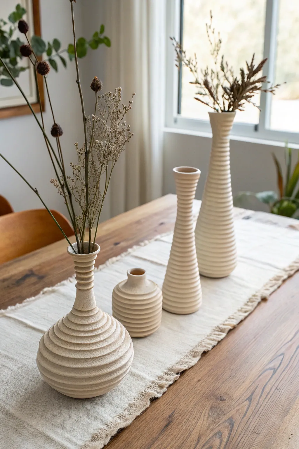 Simple coil bud vase trio in warm neutrals, crafted texture, and minimal single-stem florals