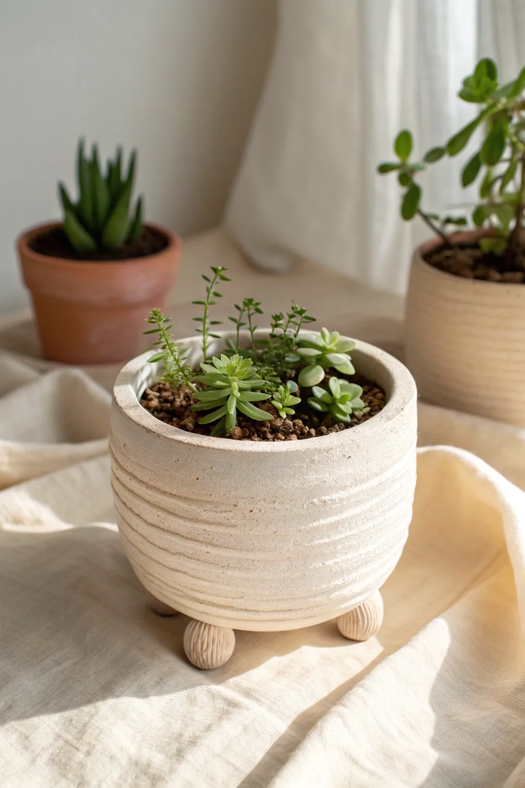 Coil planter with tiny feet and a soft satin glaze, styled simply with a fresh green plant.