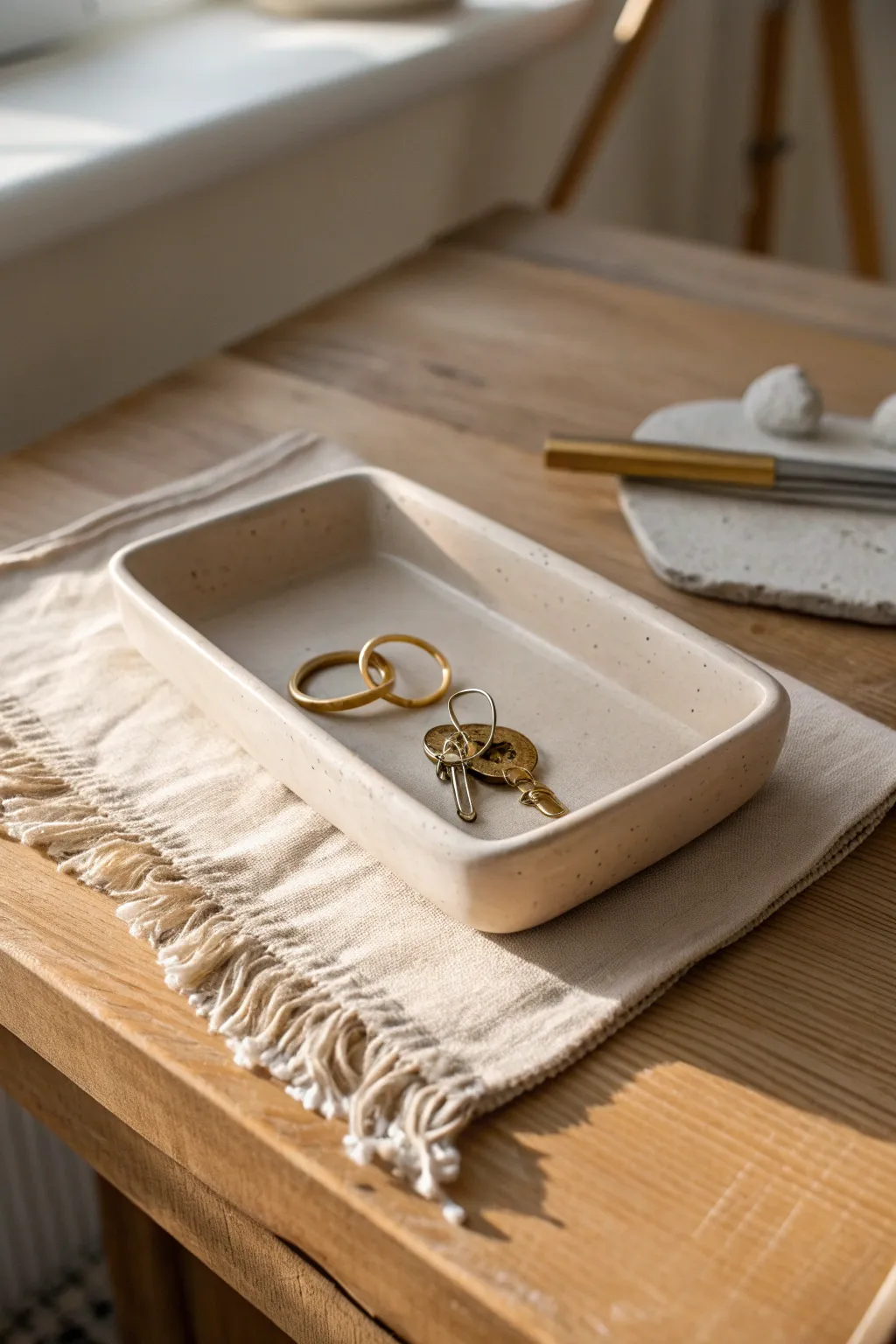 Matte slab-built tray in warm neutrals, perfect for keys and jewelry on a minimalist entryway.