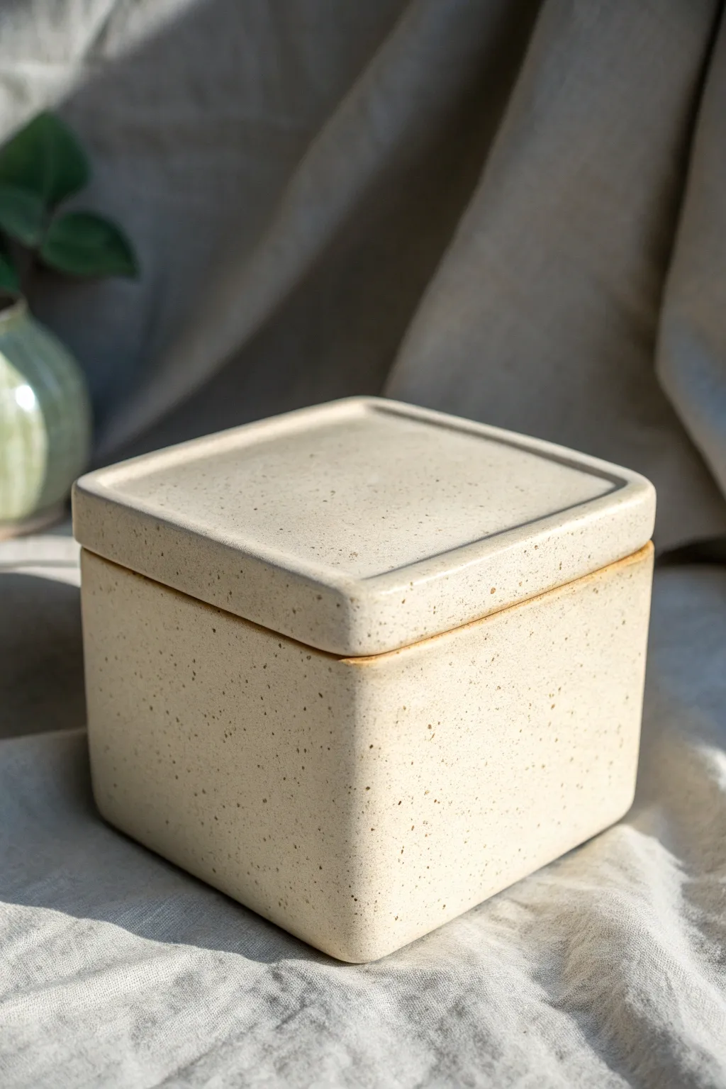 Crisp slab-built square box with a flat lid and subtle stamping for clean, handmade storage.
