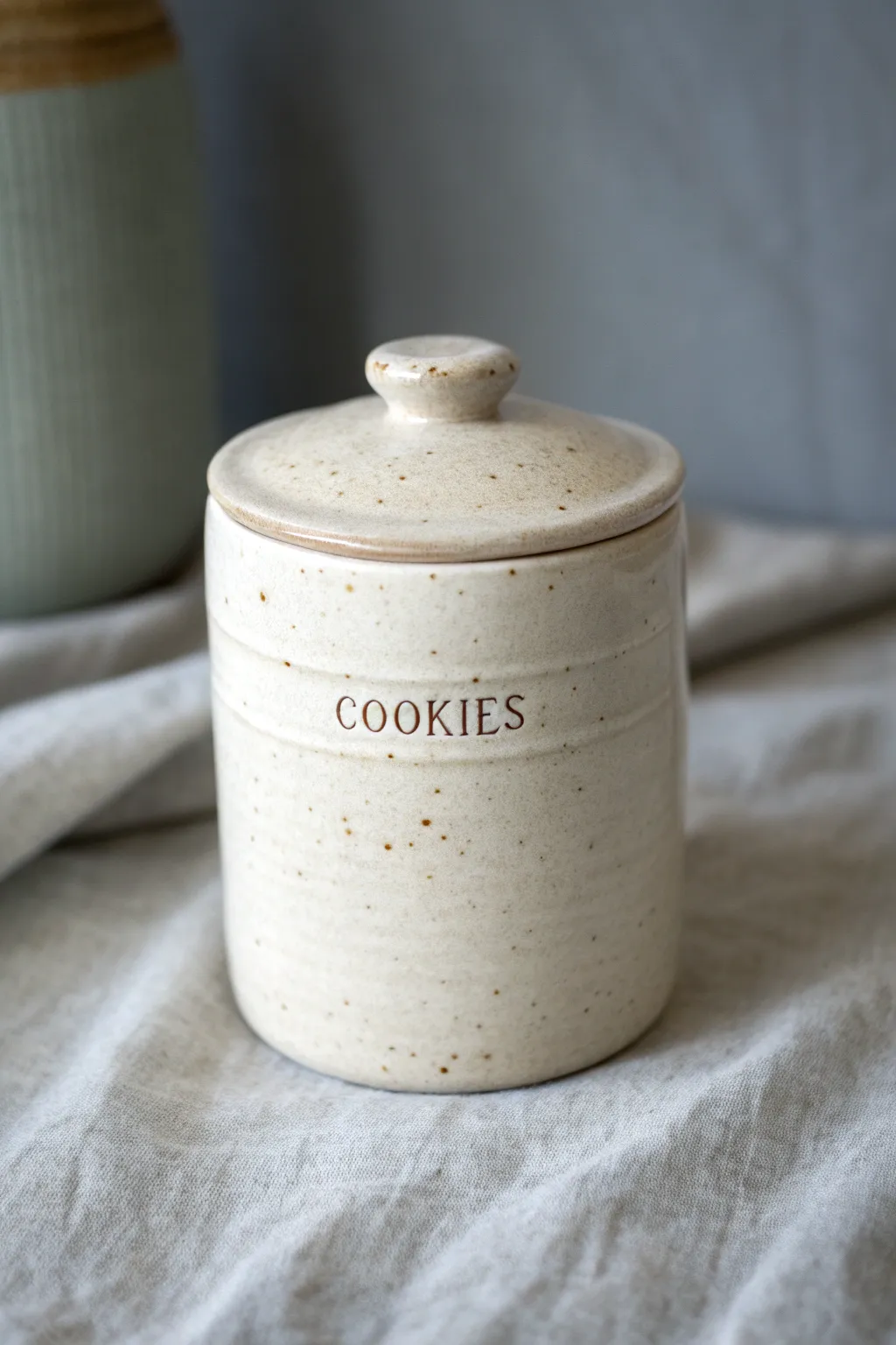 Stamped COOKIES canister in matte glaze, a minimalist yet cozy cookie jar idea for any kitchen.
