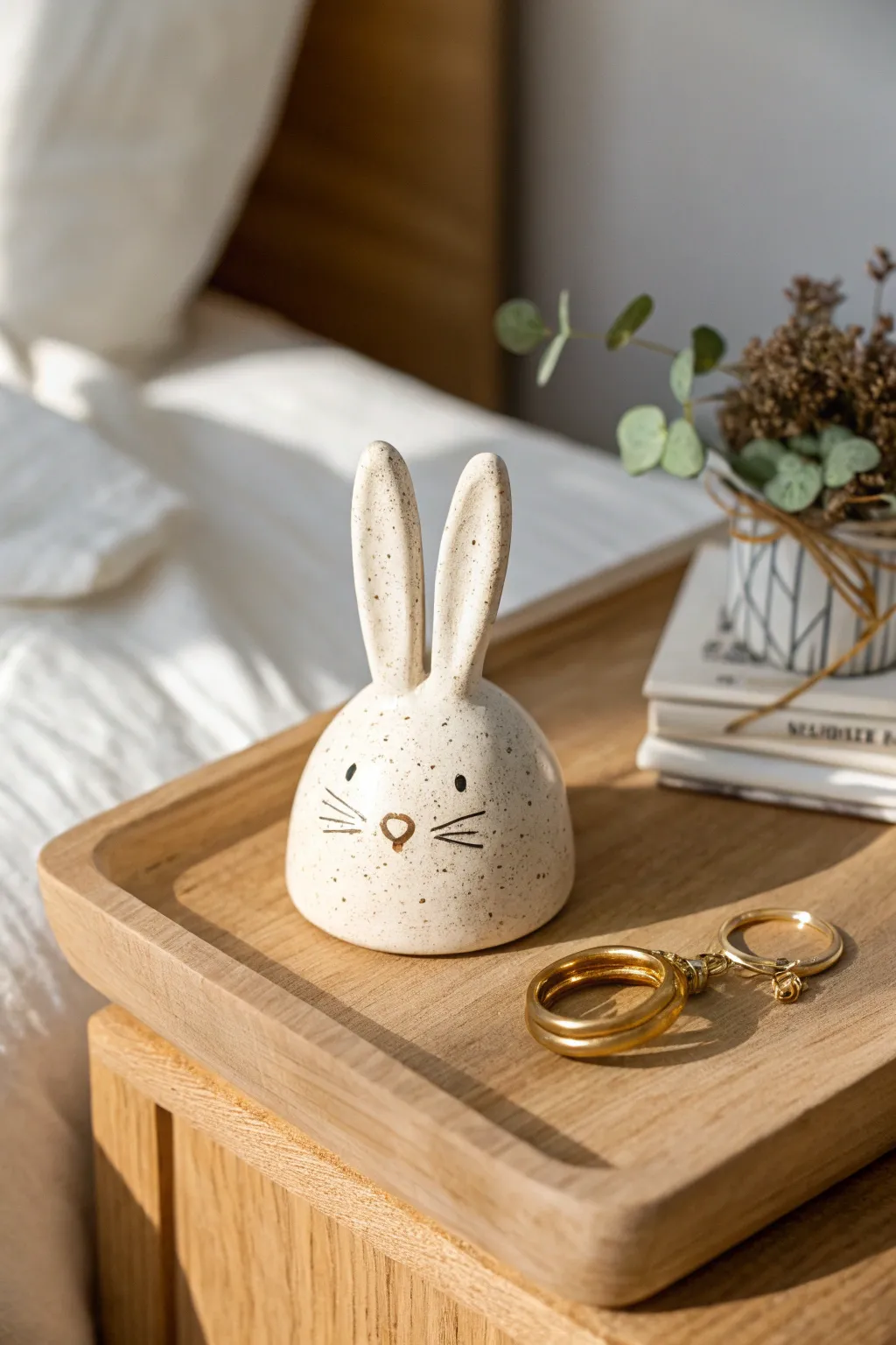 A sweet minimalist bunny ring holder in matte clay, perfect for bedside storage and gifting
