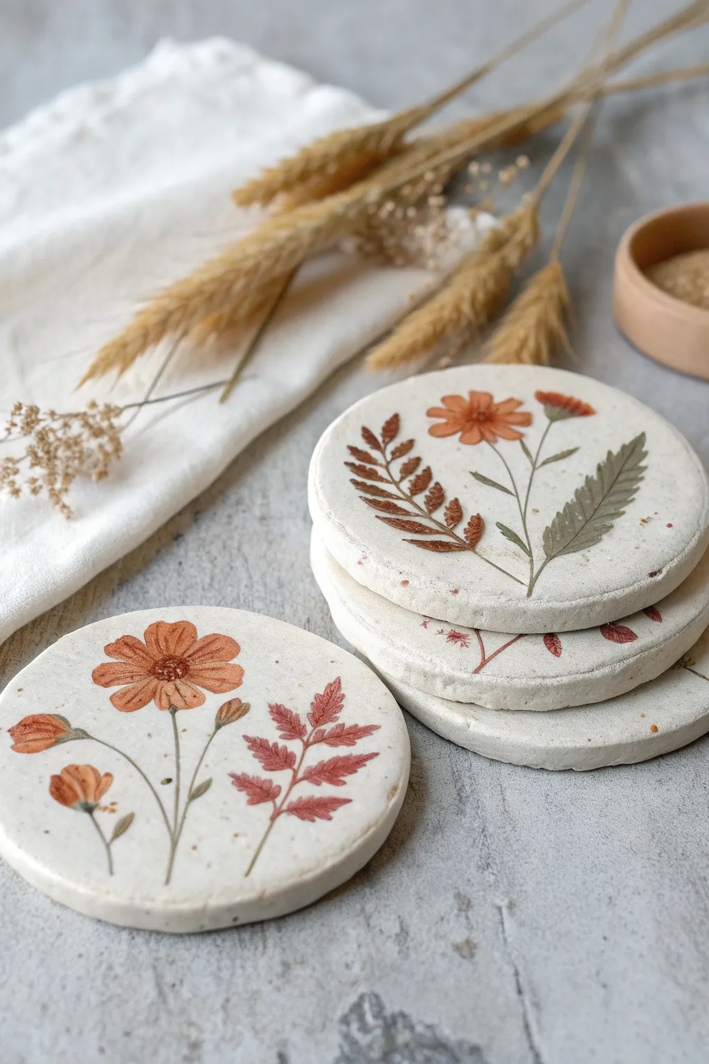 Pressed floral slab coasters in soft clay tones, minimal and handmade for beginner projects.