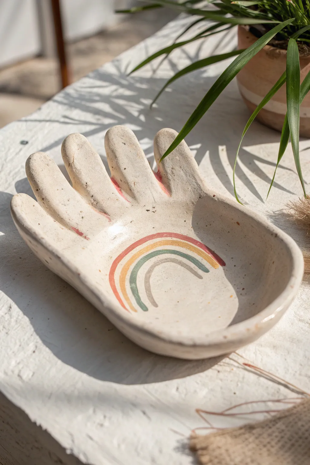Soft rainbow handprint trinket dish, a simple clay keepsake that brightens any bedside table.