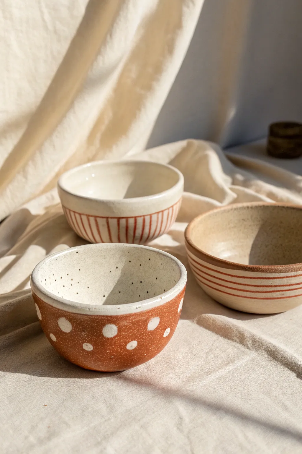 Pinch pot mini bowl trio with dots, stripes, and color blocks for easy, elegant clay craft ideas.
