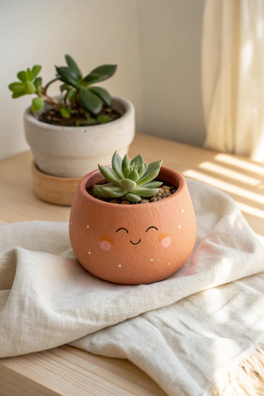 Sweet mini pinch-pot planter with a tiny face and succulent, perfect beginner clay idea.