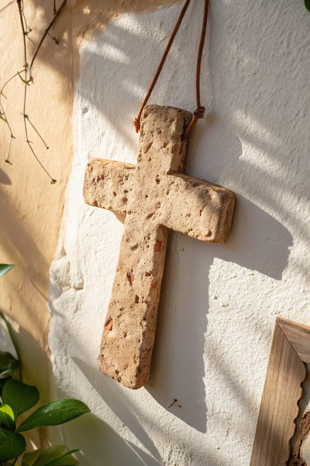 Rustic slab-built clay wall cross with earthy texture, minimal styling, and soft boho warmth.