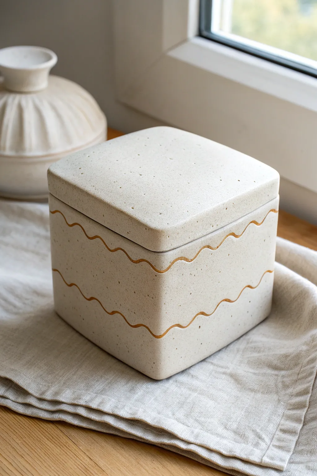 Minimal clay cube box with a calm wavy seam, slightly open to highlight the handmade cut-line.