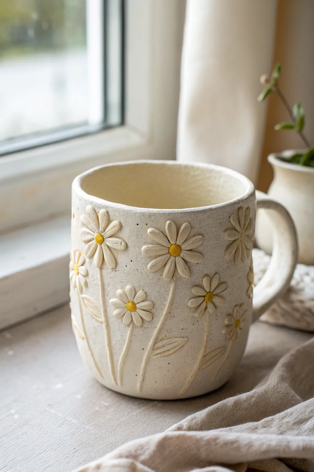 Creamy white garden cup with sunny daisy appliqués, minimal shape, soft pastel mood.