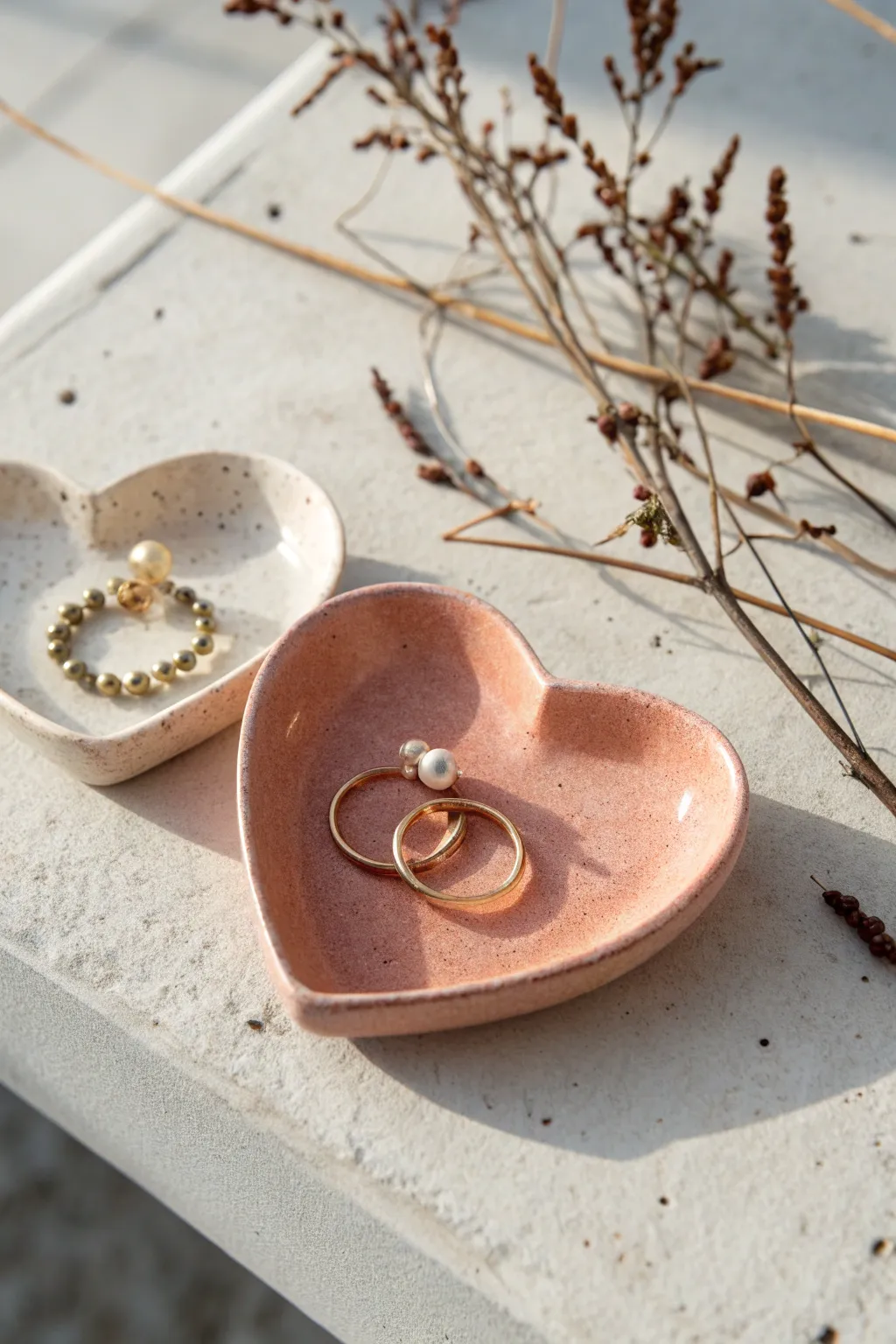 A sweet pair of heart trinket dishes, perfect for clay date nights and tiny keepsake treasures.