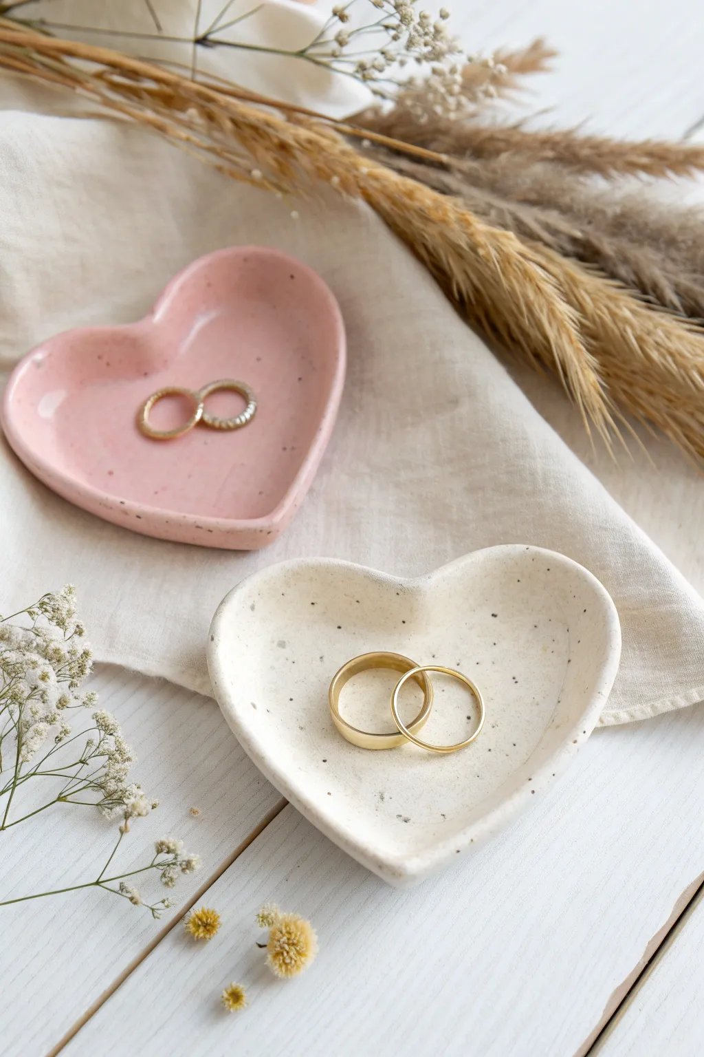 Sweet mini heart ring dishes in blush and cream, the cutest clay date night couple project.