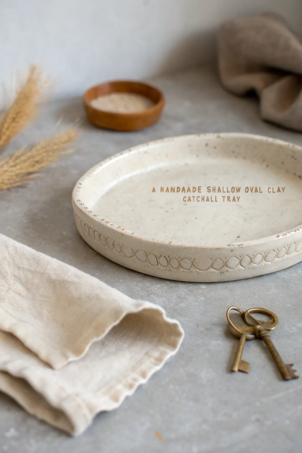 Stamped clay catchall tray with subtle letter impressions, perfect for keys in a calm minimal entryway.