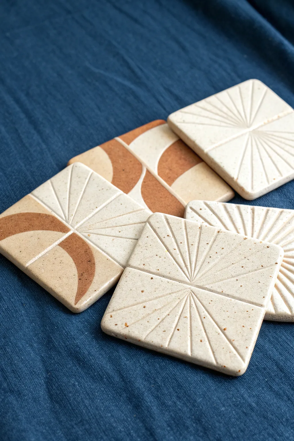 Easy stamped slab clay coasters with charming imperfect edges on a bold backdrop, minimalist boho.