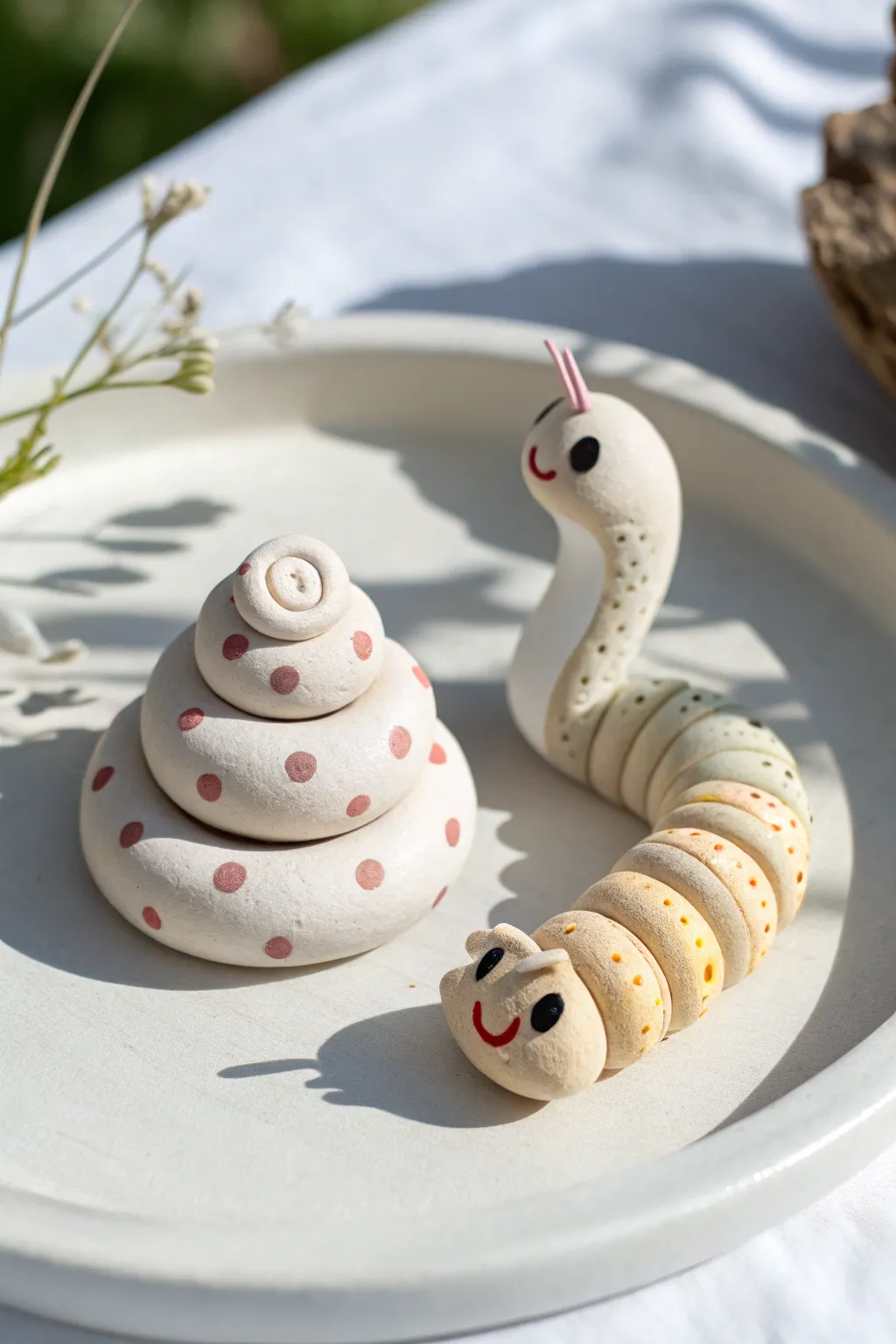 Coil snake and caterpillar clay creations with crisp shadows for easy kid friendly inspiration